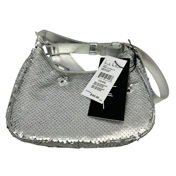 Nicole Miller Silver Sequin Shiny Strap Shoulder Bag Purse Logo Formal Dressy - Picture 8 of 8